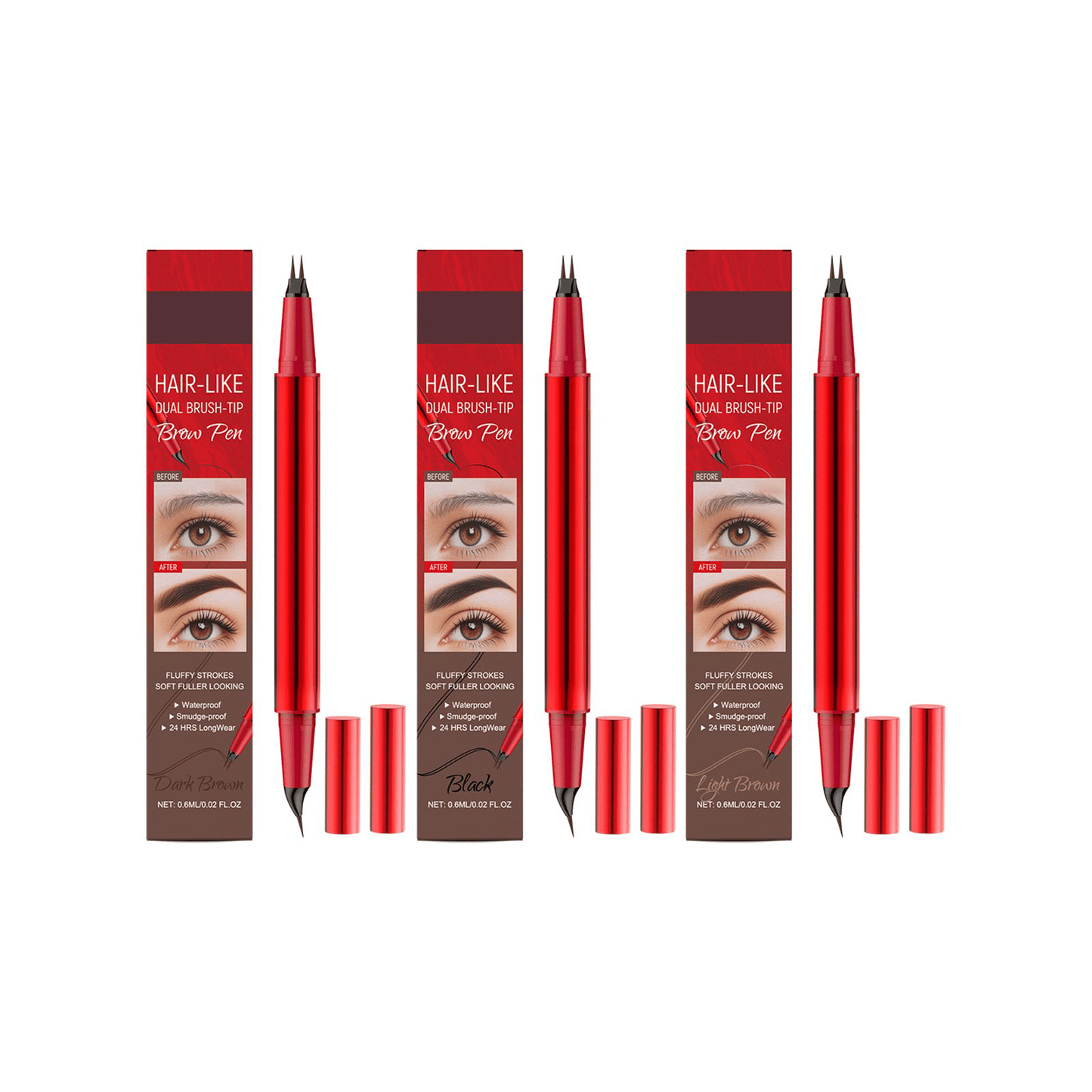 Eyebrow Pen with Dual Brush Tip & Curved Tip - Black+Dark Brown+Light Brown