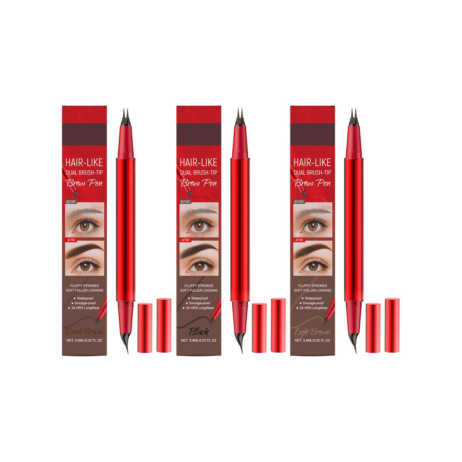 Eyebrow Pen with Dual Brush Tip & Curved Tip - Black+Dark Brown+Light Brown