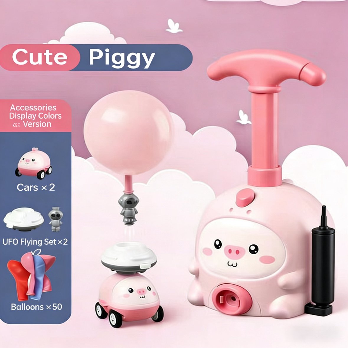 Balloon Launcher Toy Set - 2 Pink Pigs Cars+2 UFO Flying Sets+50 Balloons