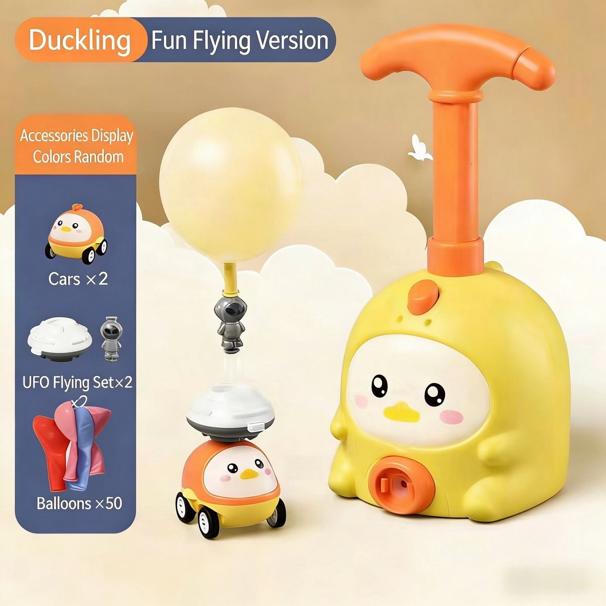 Balloon Launcher Toy Set - 2 Yellow Duck Cars+2 UFO Flying Sets+50 Balloons
