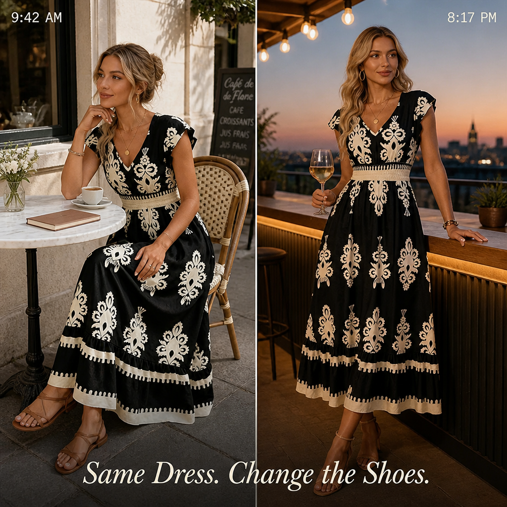 Vellureva™ — Wear One Cap-Sleeve Maxi from Café Lunch to Rooftop Dinner