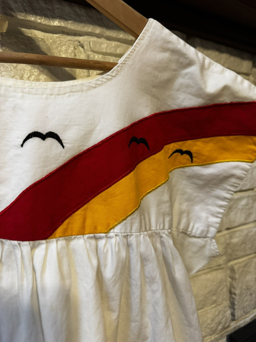 Vintage Embroidered Mexican Shift Dress Womens ML Parrot Rainbow Clouds