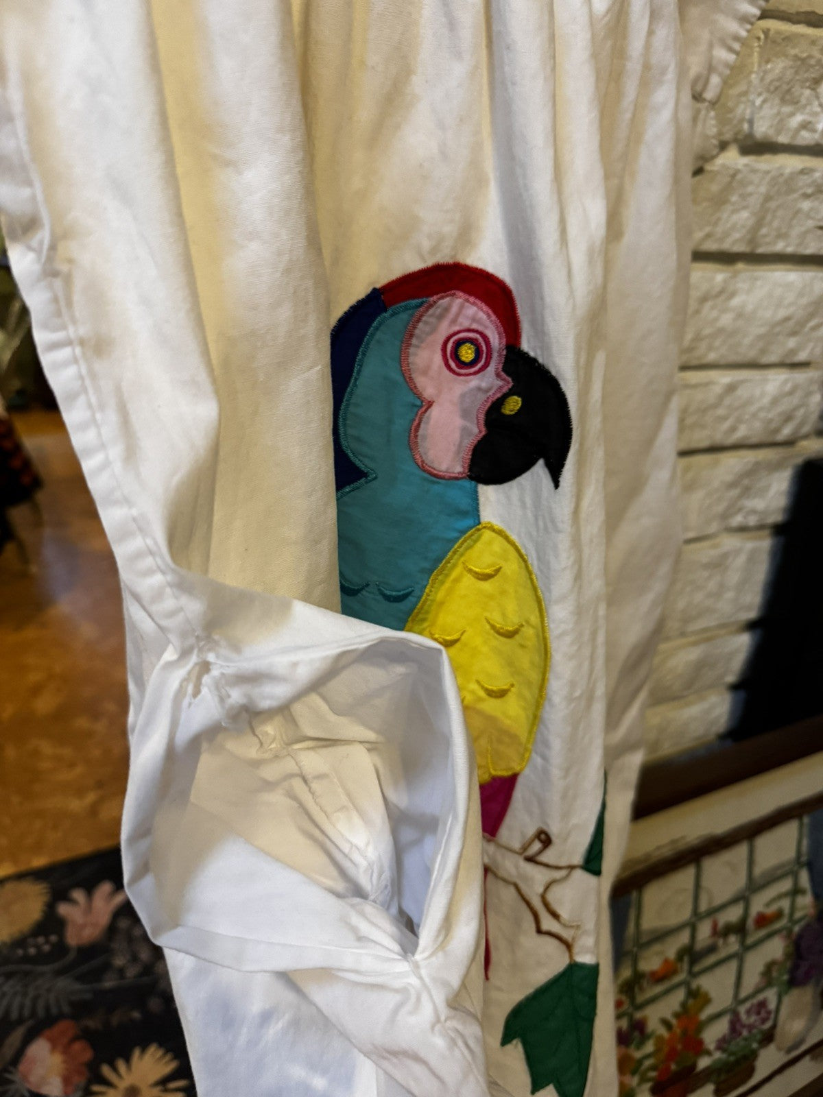 Vintage Embroidered Mexican Shift Dress Womens ML Parrot Rainbow Clouds