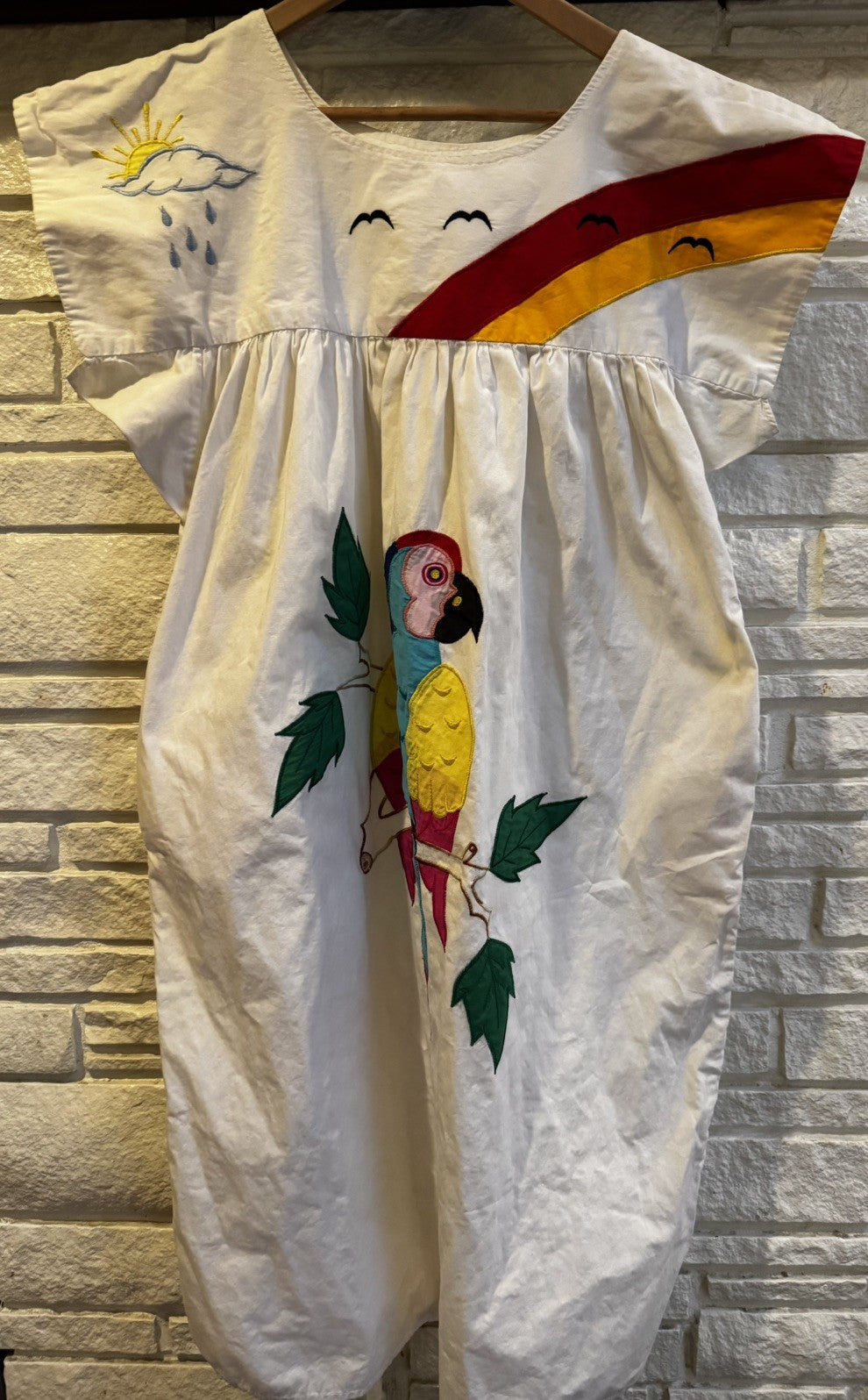 Vintage Embroidered Mexican Shift Dress Womens ML Parrot Rainbow Clouds