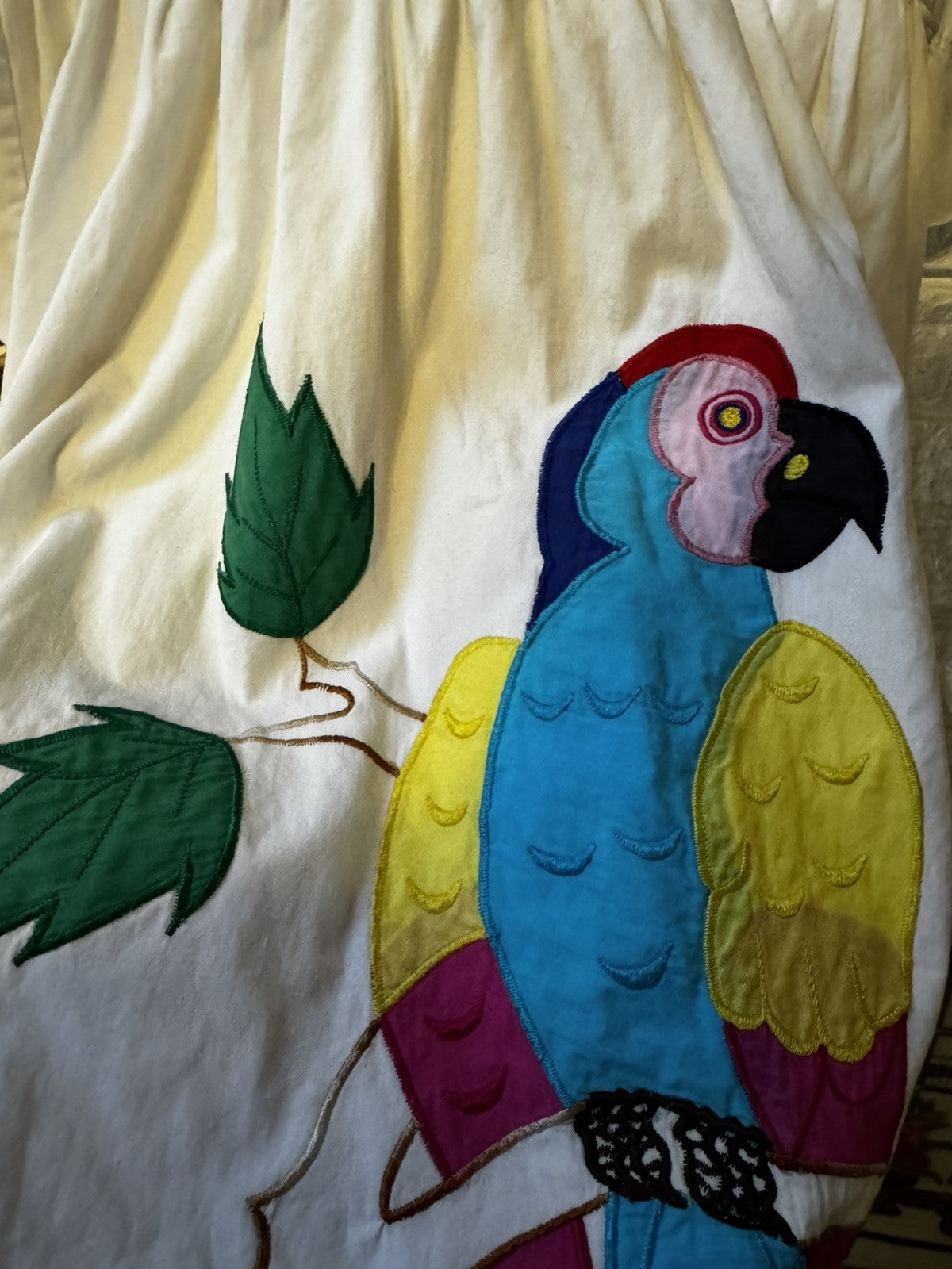 Vintage Embroidered Mexican Shift Dress Womens ML Parrot Rainbow Clouds